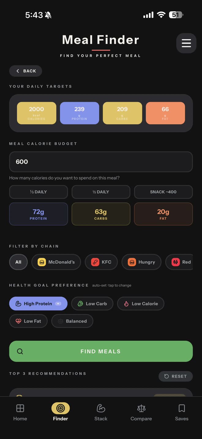 The Meal Finder screen in UNBUNNED, showing daily targets and filters for finding a meal that fits.