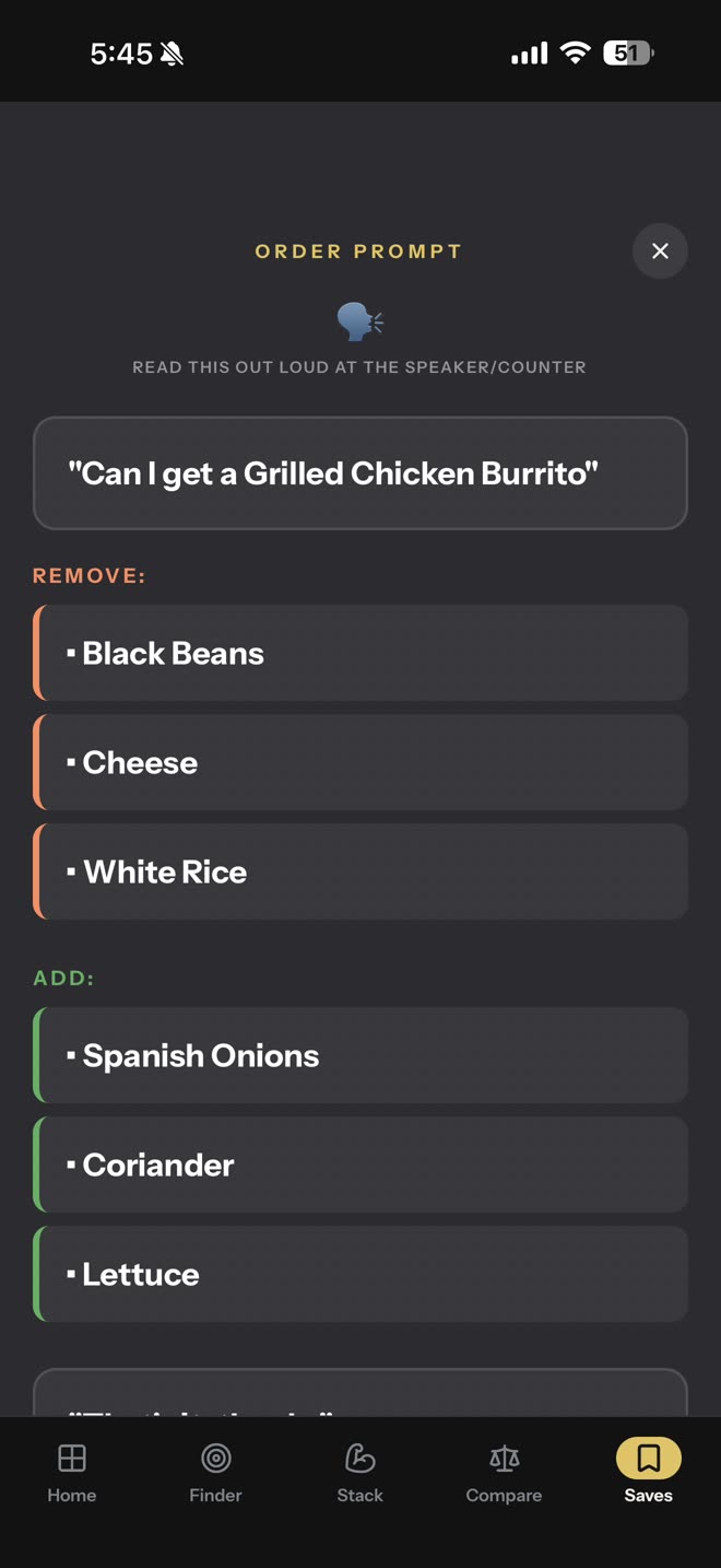 The Order Prompt screen in UNBUNNED, showing a script to read out with items to remove and add.