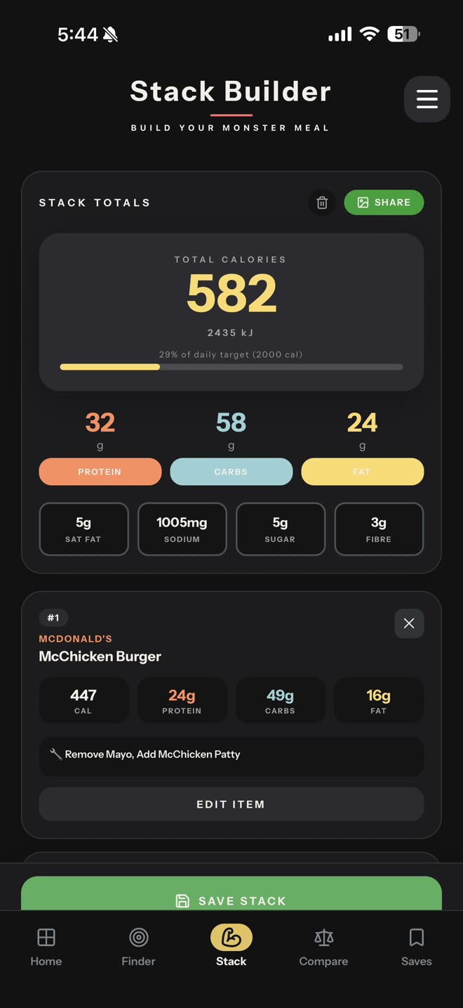 The Stack Builder screen in UNBUNNED, showing a 582 calorie meal broken into protein, carbs and fat.